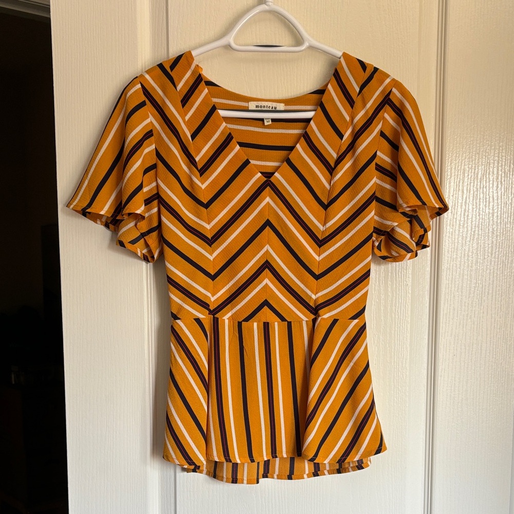 Modern striped mustard yellow top with cinched waist